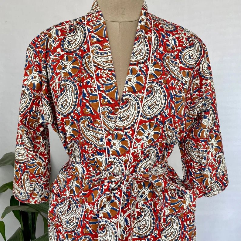 Pure Cotton Spring Summer Boho House Robe Kimono Indian Handblock Jaipur Indian Dress Red Blue Persian Paisley Luxury Beach Holiday Wear Yacht Cover Up