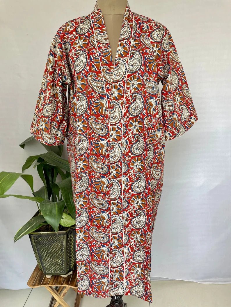 Pure Cotton Spring Summer Boho House Robe Kimono Indian Handblock Jaipur Indian Dress Red Blue Persian Paisley Luxury Beach Holiday Wear Yacht Cover Up