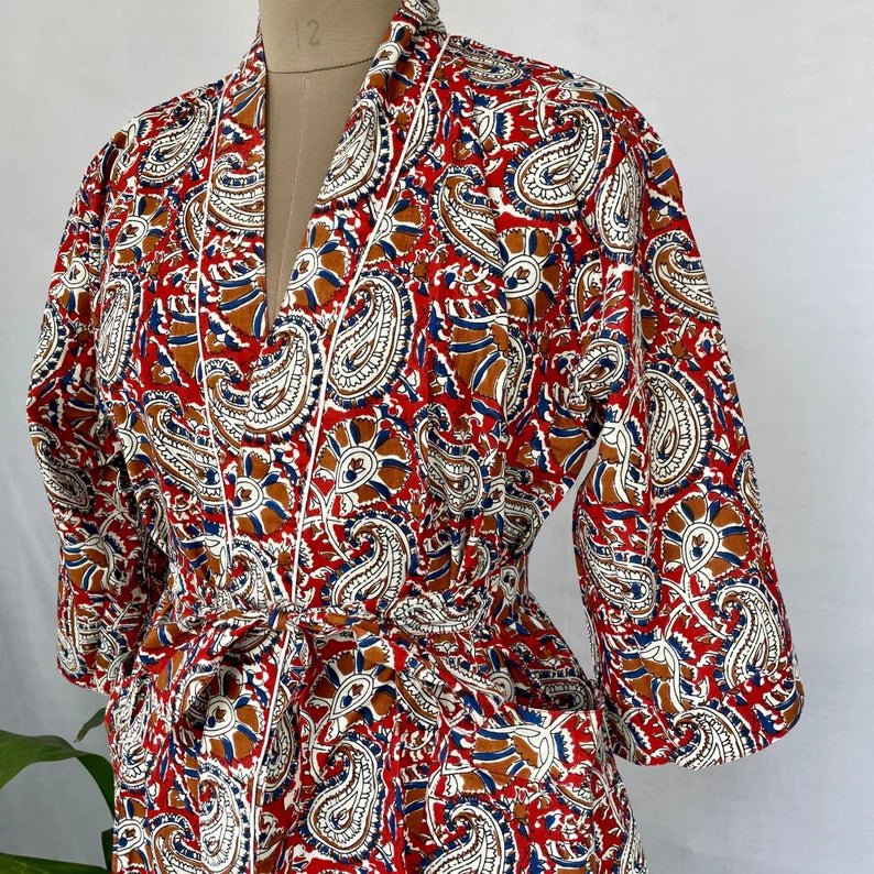 Pure Cotton Spring Summer Boho House Robe Kimono Indian Handblock Jaipur Indian Dress Red Blue Persian Paisley Luxury Beach Holiday Wear Yacht Cover Up