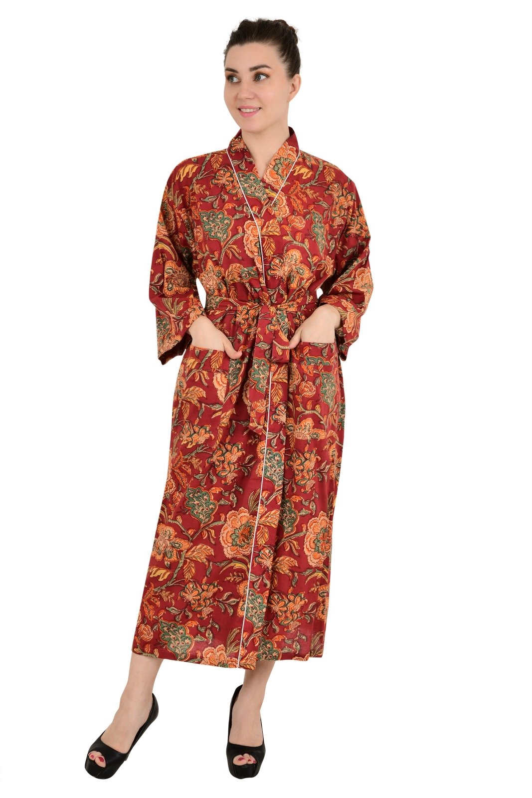 Pure Cotton Spring Summer Boho House Robe Kimono Indian Handblock Jaipur Indian Dress Red Green Floral Luxury Beach Holiday Wear Yacht Cover Up