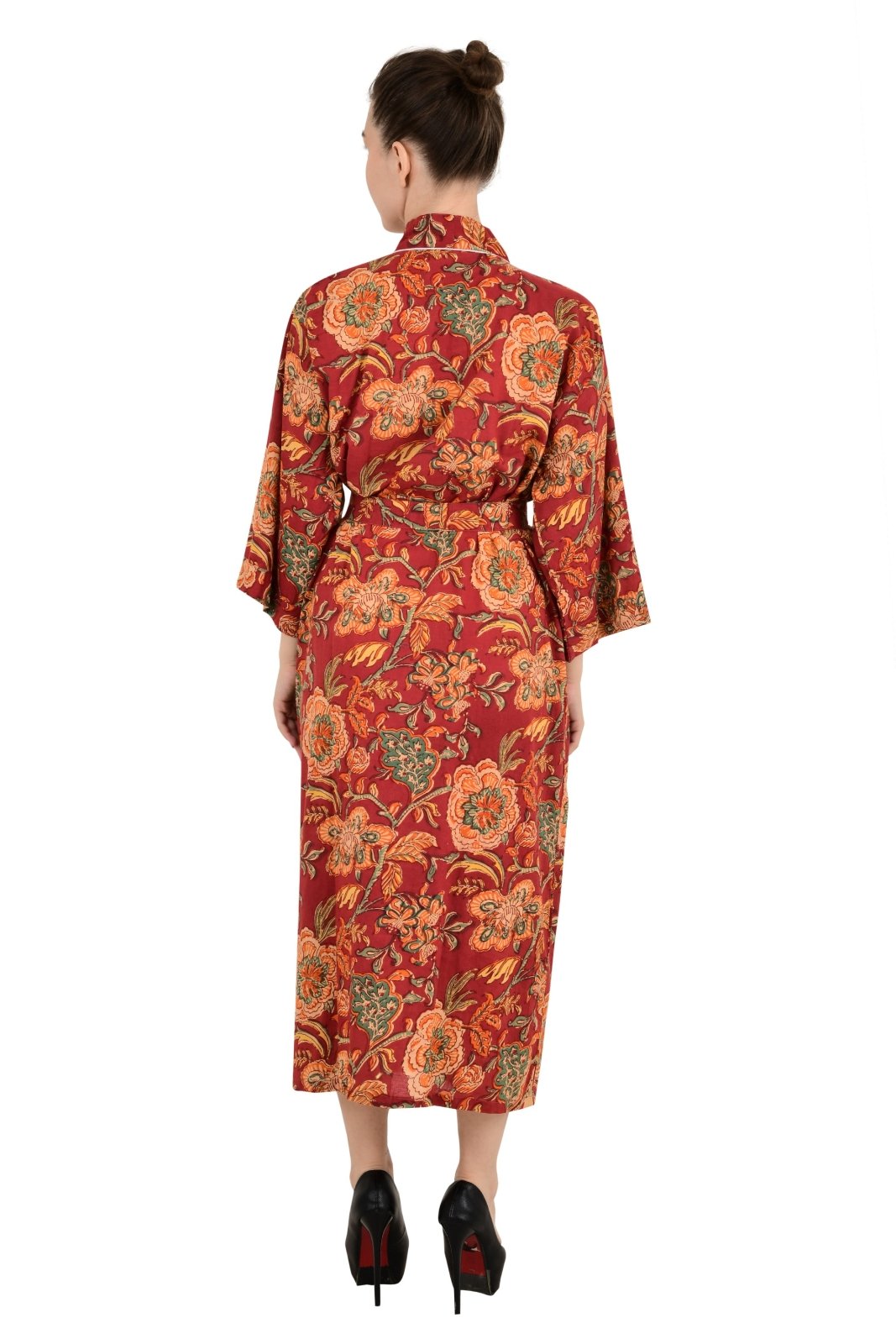 Pure Cotton Spring Summer Boho House Robe Kimono Indian Handblock Jaipur Indian Dress Red Green Floral Luxury Beach Holiday Wear Yacht Cover Up