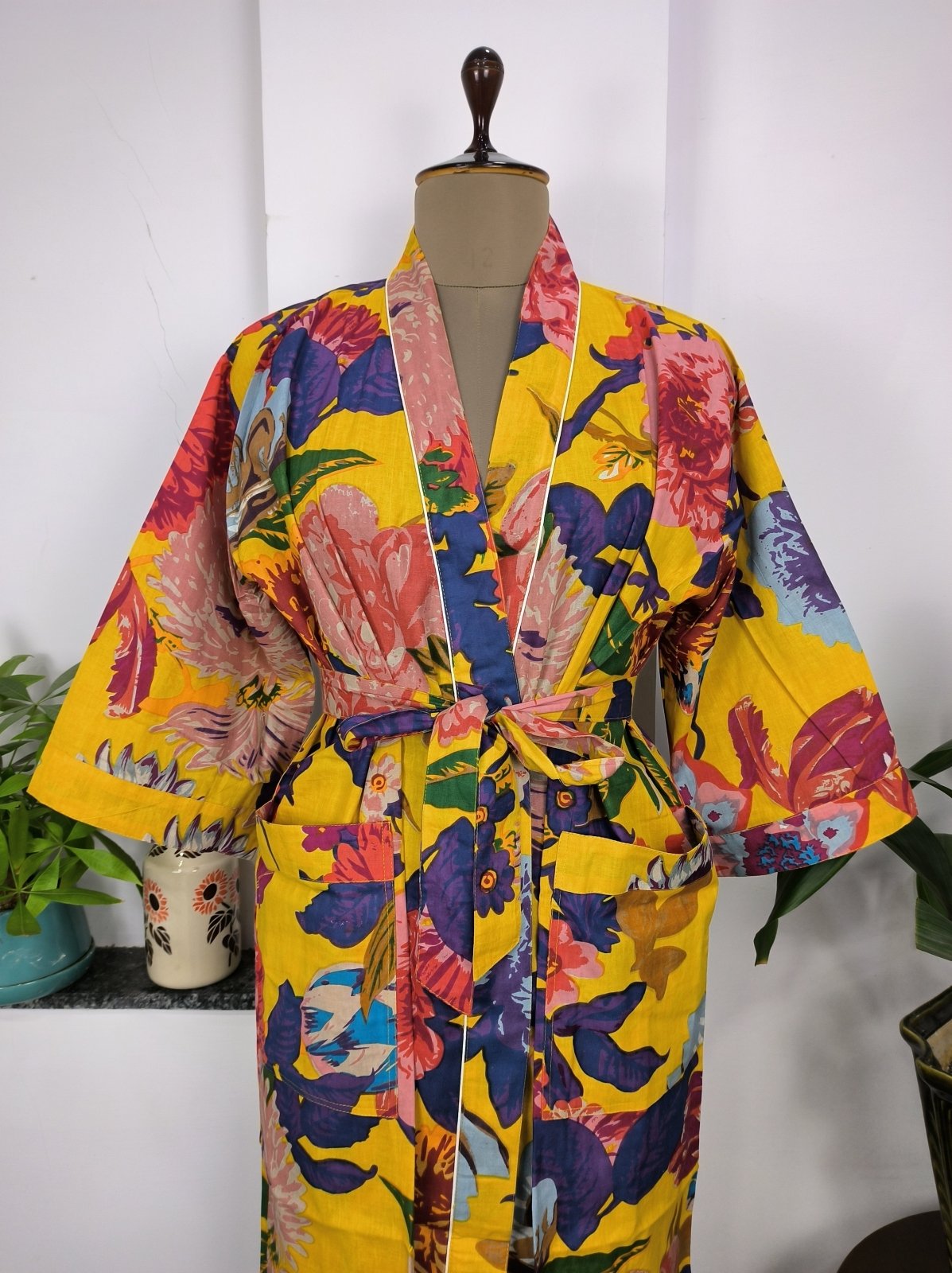 Pure Cotton Spring Summer Boho House Robe Kimono Indian Handblock Jaipur Indian Dress Yellow Anthro Luxury Beach Holiday Wear Yacht Cover Up