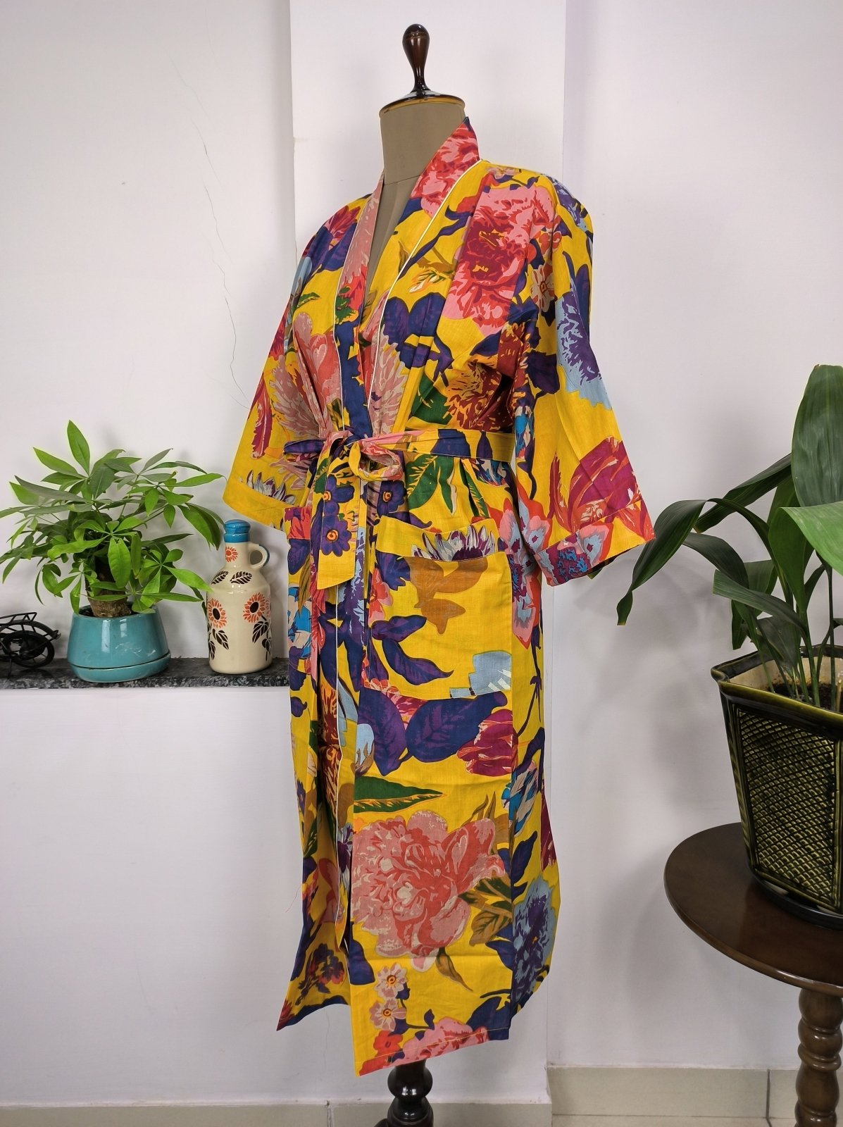 Pure Cotton Spring Summer Boho House Robe Kimono Indian Handblock Jaipur Indian Dress Yellow Anthro Luxury Beach Holiday Wear Yacht Cover Up