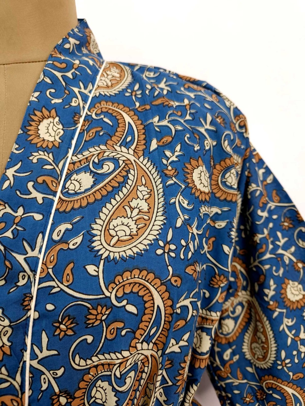 Pure Cotton Spring Summer Boho House Robe Kimono Indian Handblock Jaipur Indian Royal Blue Persian Paisley Luxury Beach Holiday Wear Yacht Cover Up