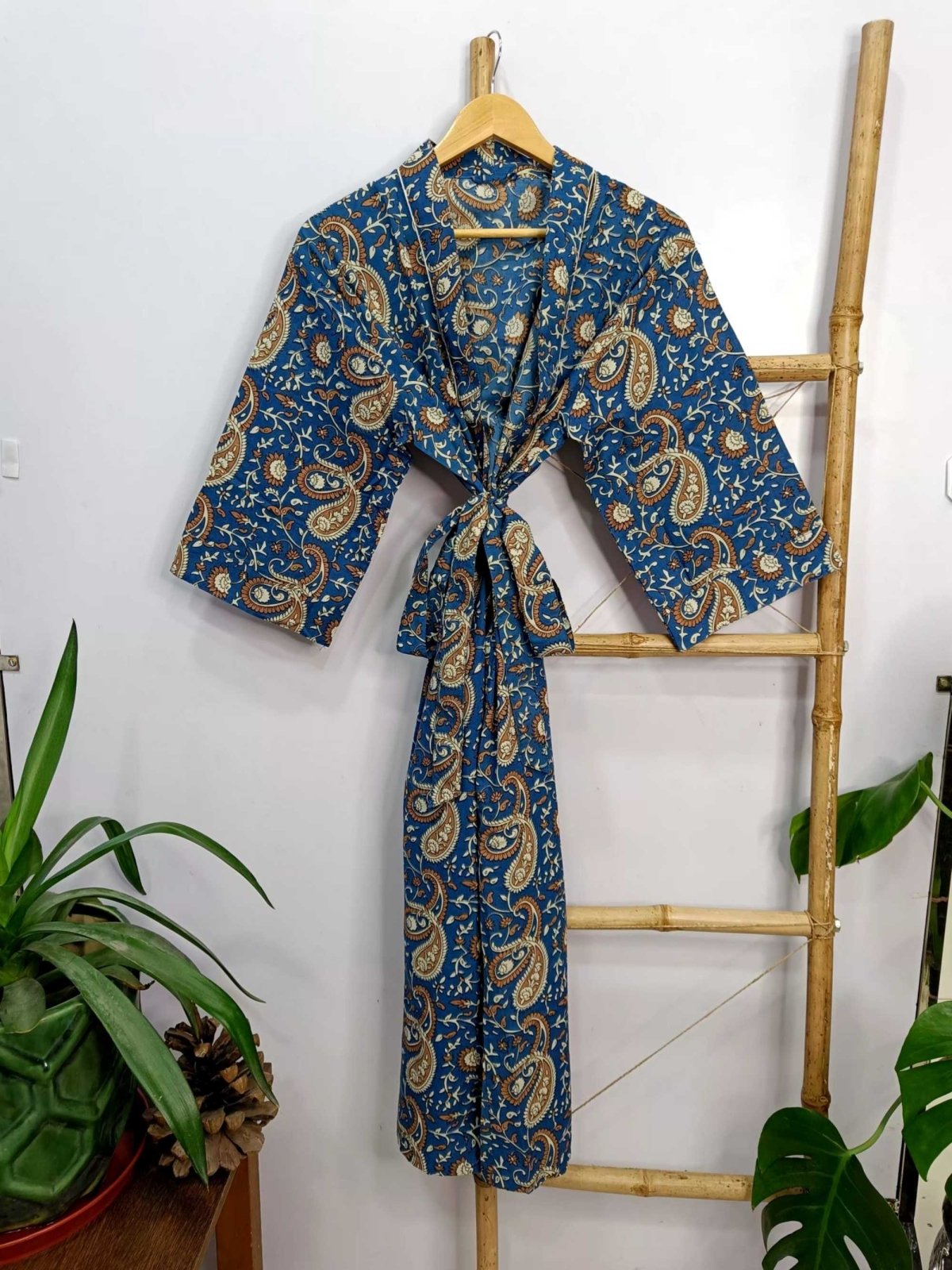 Pure Cotton Spring Summer Boho House Robe Kimono Indian Handblock Jaipur Indian Royal Blue Persian Paisley Luxury Beach Holiday Wear Yacht Cover Up
