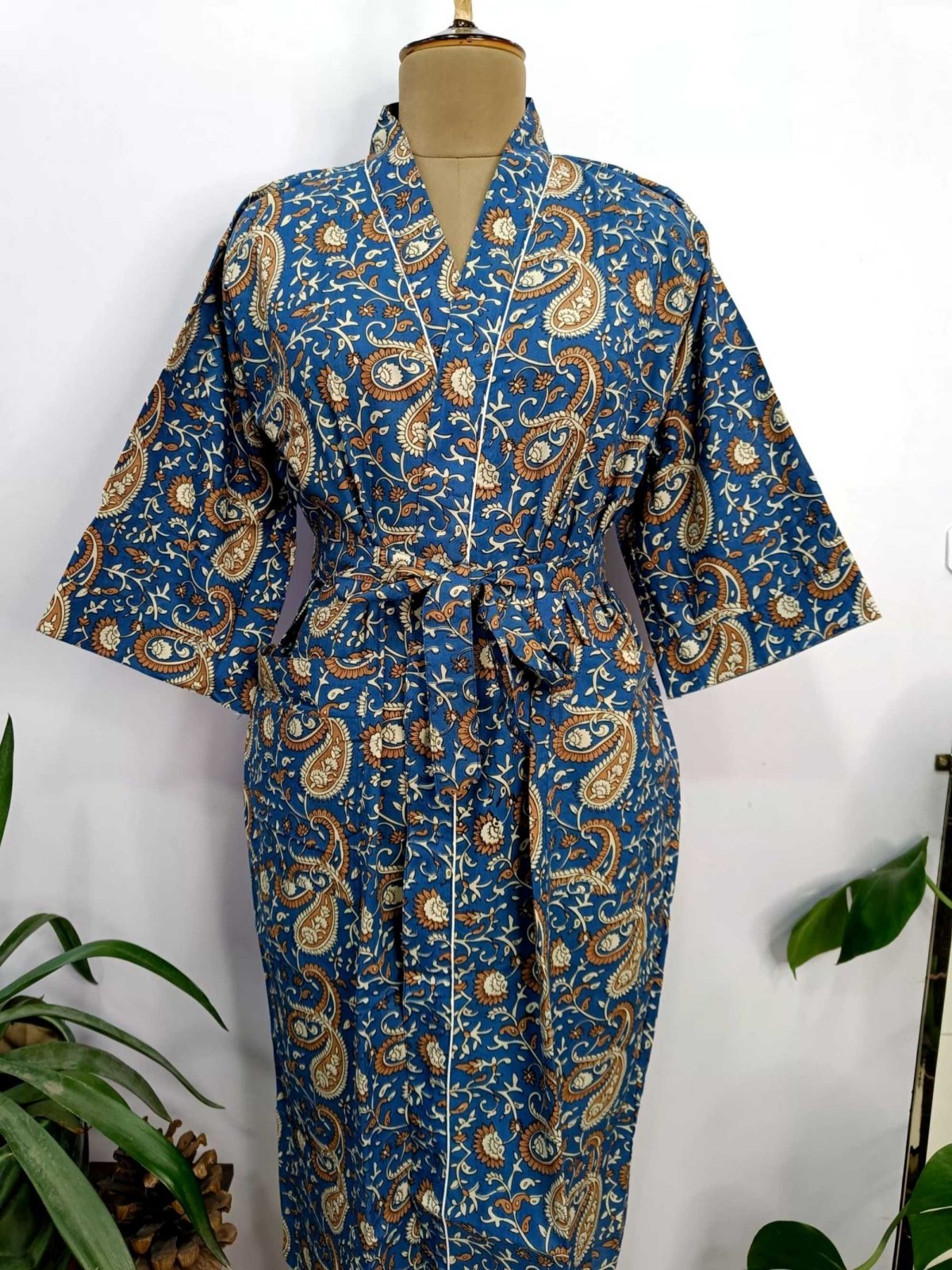 Pure Cotton Spring Summer Boho House Robe Kimono Indian Handblock Jaipur Indian Royal Blue Persian Paisley Luxury Beach Holiday Wear Yacht Cover Up