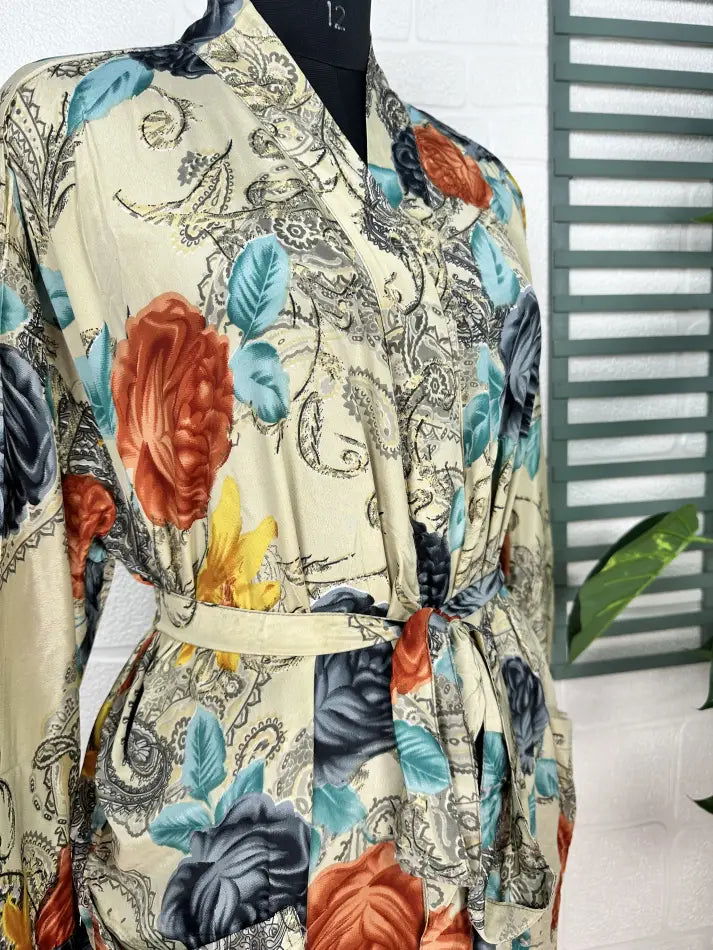 Recycle Boho House Robe Kimono Vintage Silk Sari Dressing Gown, Beach Coverup, Bridesmaid, Anniversary Gift Her | Beige Black