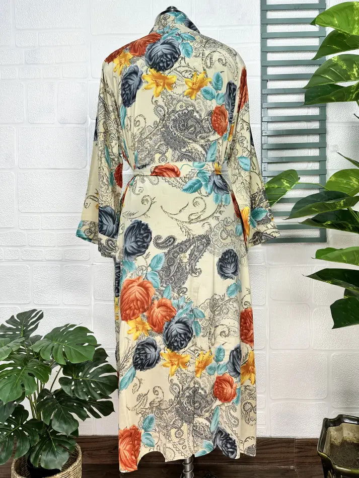 Recycle Boho House Robe Kimono Vintage Silk Sari Dressing Gown, Beach Coverup, Bridesmaid, Anniversary Gift Her | Beige Black
