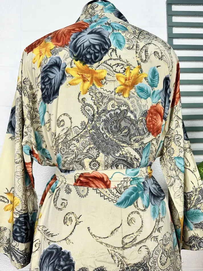 Recycle Boho House Robe Kimono Vintage Silk Sari Dressing Gown, Beach Coverup, Bridesmaid, Anniversary Gift Her | Beige Black