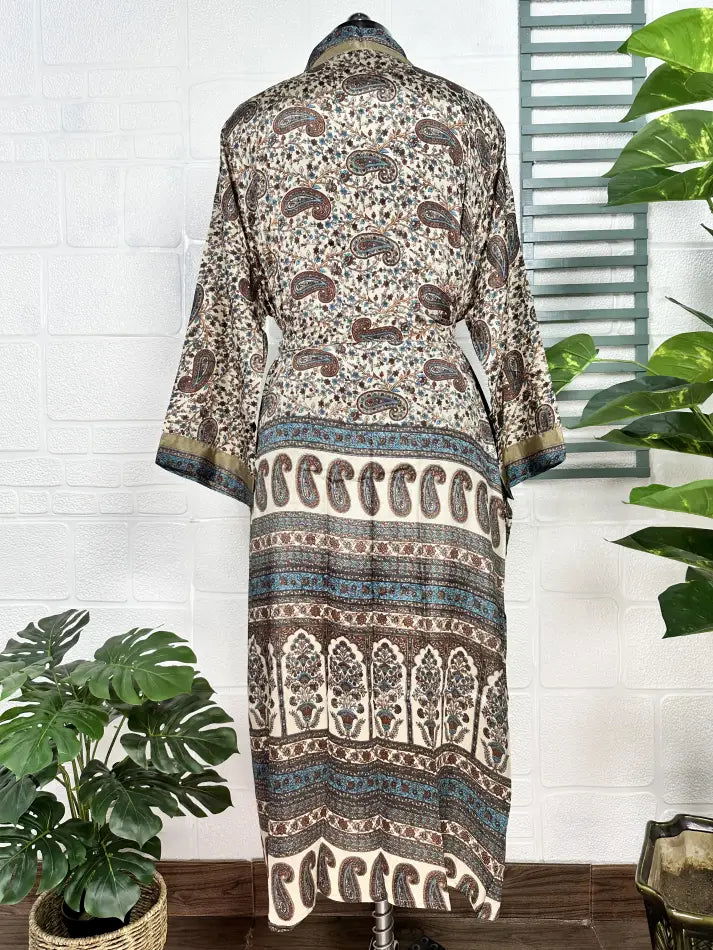 Recycle Boho House Robe Kimono Vintage Silk Sari Dressing Gown, Beach Coverup, Bridesmaid, Anniversary Gift Her | Beige Brown
