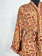 Recycle Boho House Robe Kimono Vintage Silk Sari Dressing Gown, Beach Coverup, Bridesmaid, Anniversary Gift Her | Beige Red