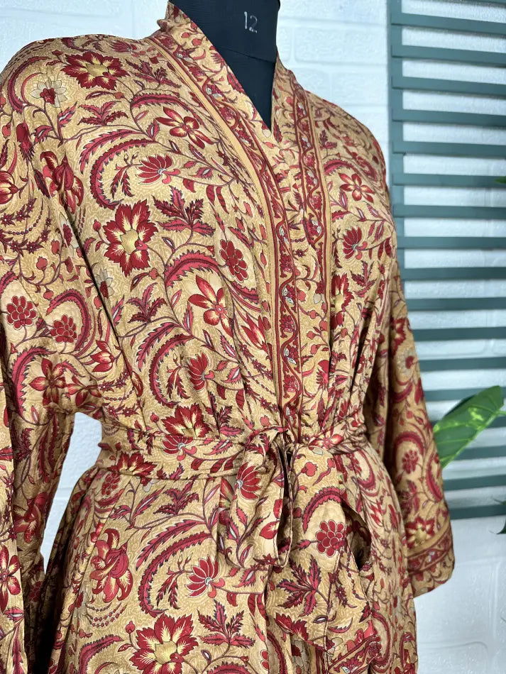 Recycle Boho House Robe Kimono Vintage Silk Sari Dressing Gown, Beach Coverup, Bridesmaid, Anniversary Gift Her | Beige Red