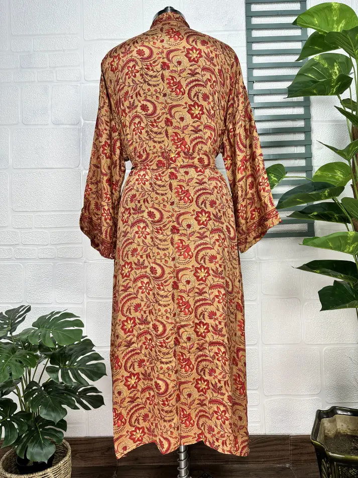 Recycle Boho House Robe Kimono Vintage Silk Sari Dressing Gown, Beach Coverup, Bridesmaid, Anniversary Gift Her | Beige Red