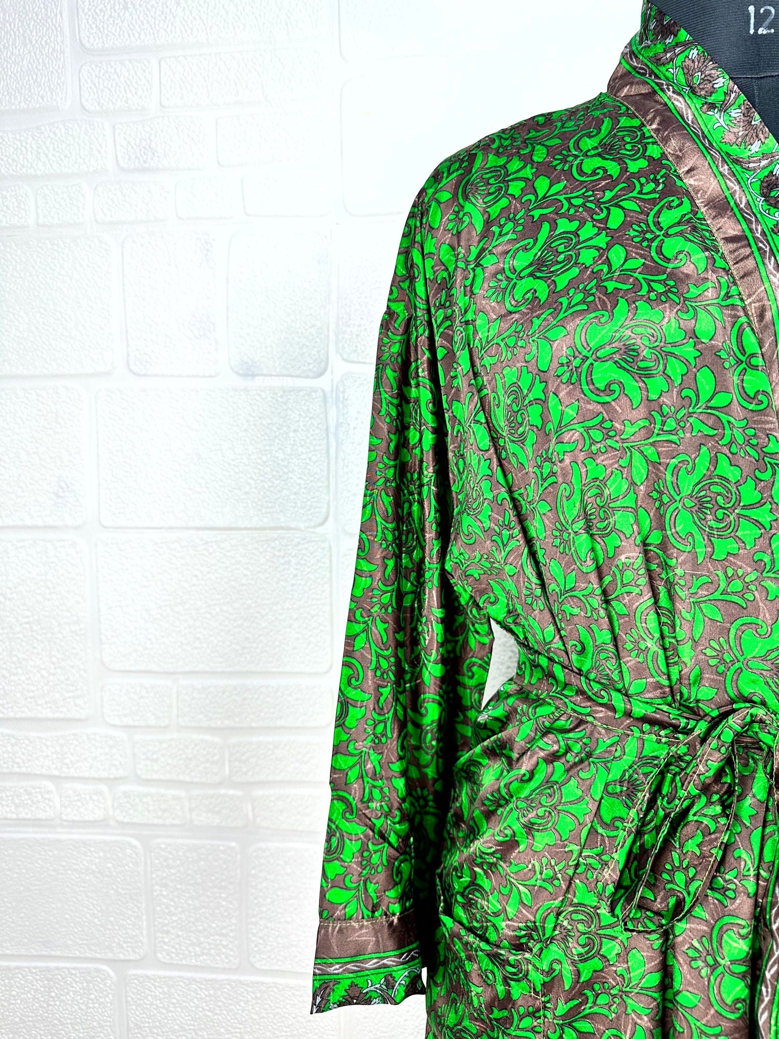 Recycle Boho House Robe Kimono Vintage Silk Sari Dressing Gown, Beach Coverup, Bridesmaid, Anniversary Gift Her | Floral Print