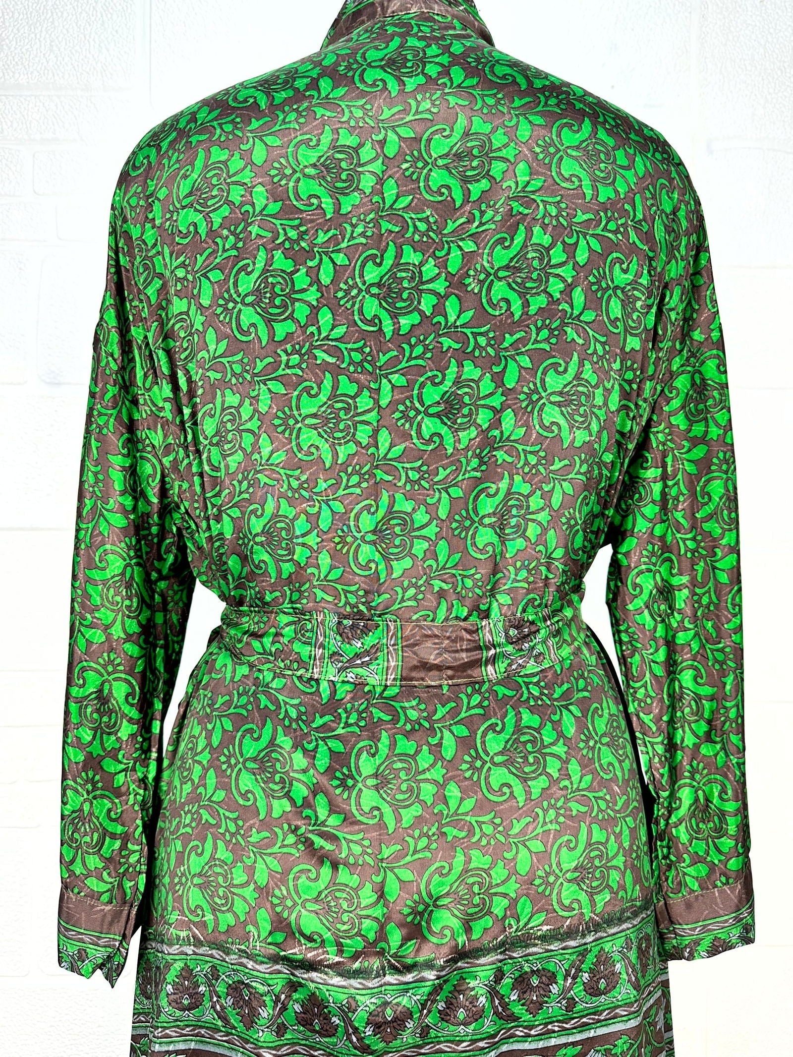 Recycle Boho House Robe Kimono Vintage Silk Sari Dressing Gown, Beach Coverup, Bridesmaid, Anniversary Gift Her | Floral Print