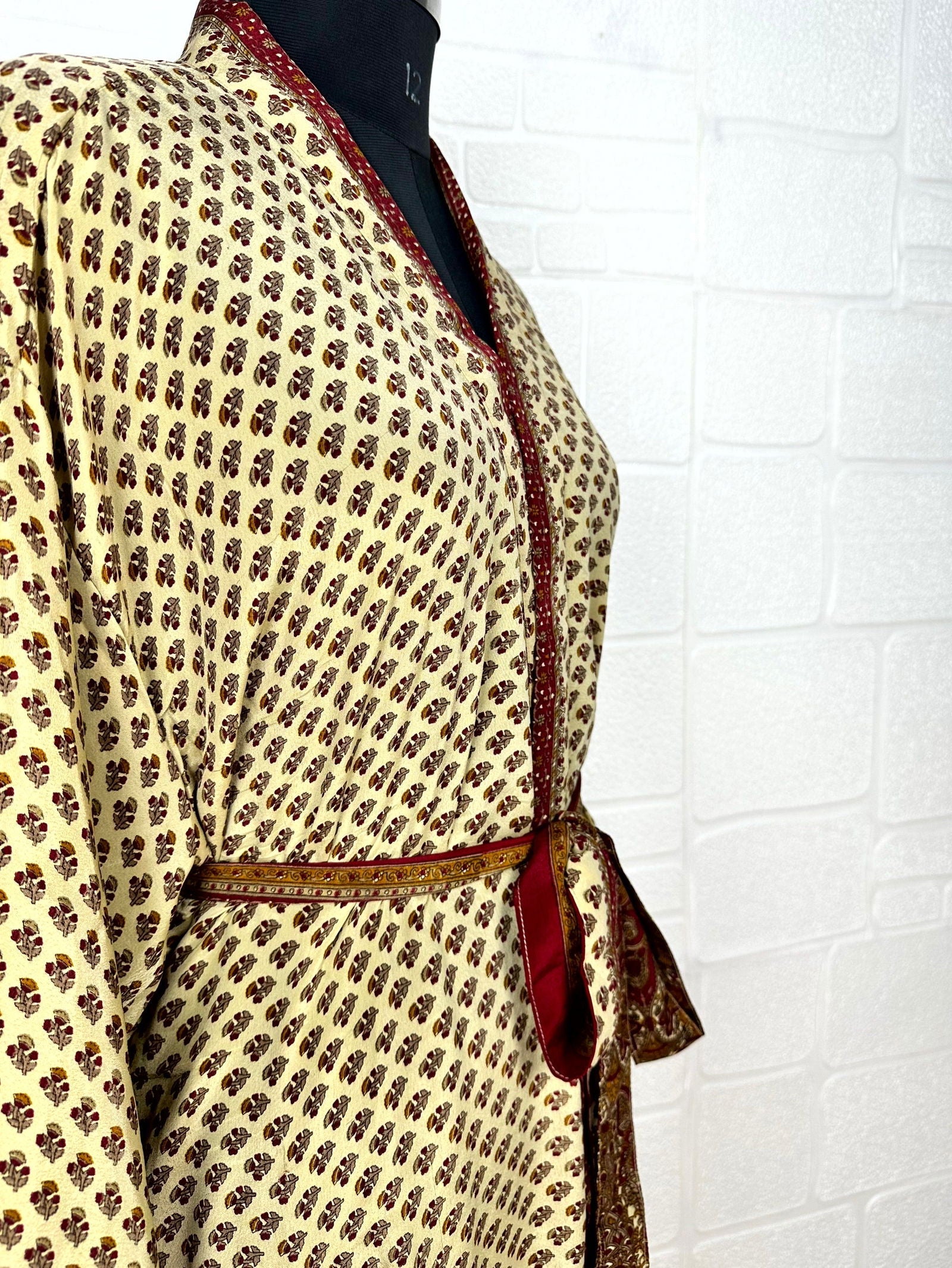 Recycle Boho House Robe Kimono Vintage Silk Sari Dressing Gown, Beach Coverup, Bridesmaid, Anniversary Gift Her | Floral Print