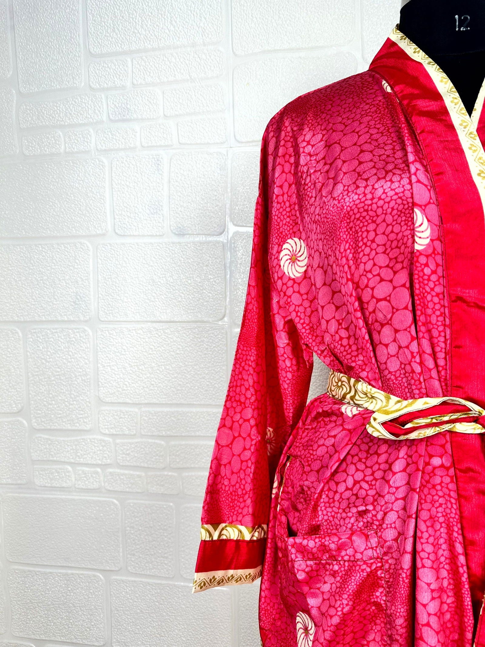 Recycle Boho House Robe Kimono Vintage Silk Sari Dressing Gown, Beach Coverup, Bridesmaid, Anniversary Gift Her | Floral Print
