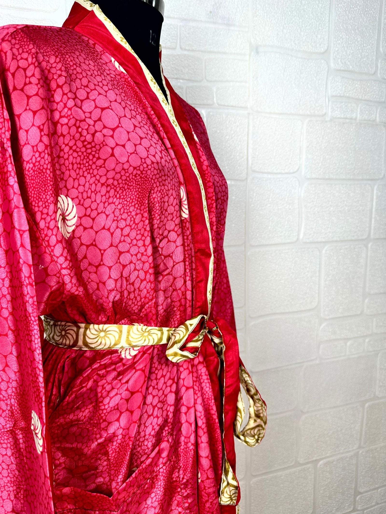 Recycle Boho House Robe Kimono Vintage Silk Sari Dressing Gown, Beach Coverup, Bridesmaid, Anniversary Gift Her | Floral Print