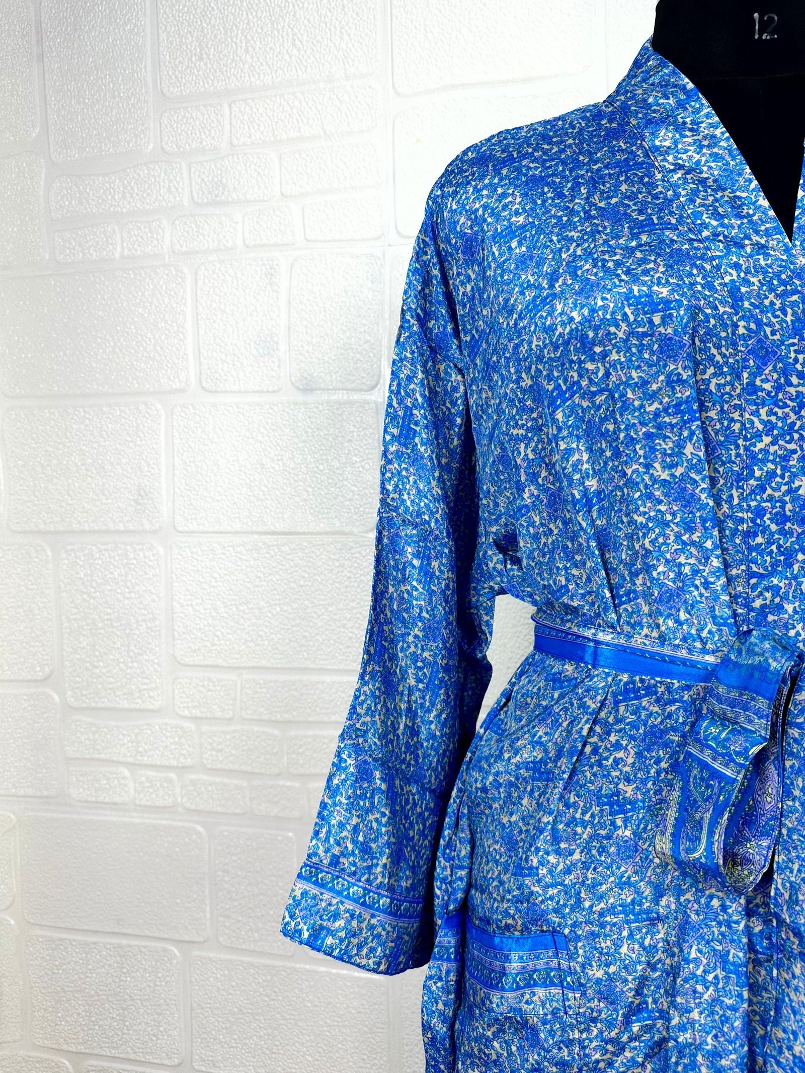 Recycle Boho House Robe Kimono Vintage Silk Sari Dressing Gown, Beach Coverup, Bridesmaid, Anniversary Gift Her | Floral Print