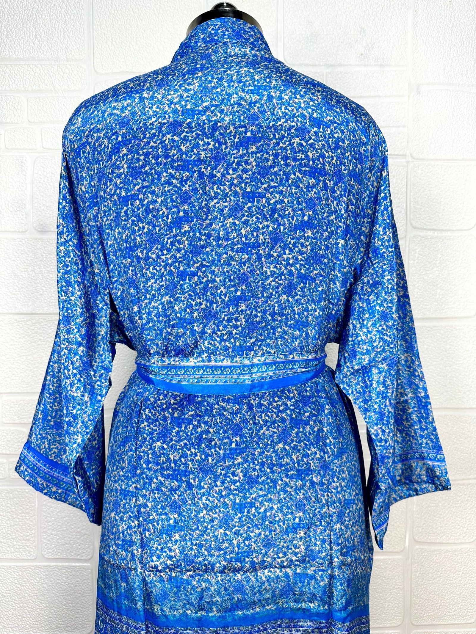 Recycle Boho House Robe Kimono Vintage Silk Sari Dressing Gown, Beach Coverup, Bridesmaid, Anniversary Gift Her | Floral Print