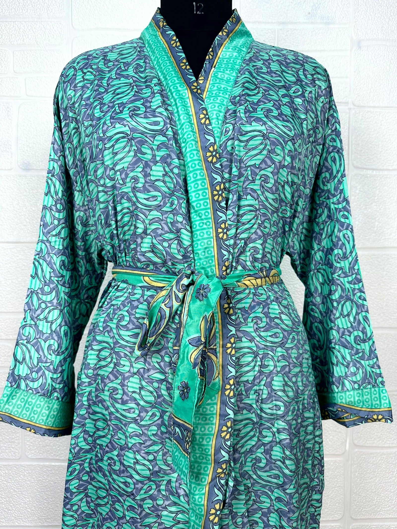 Recycle Boho House Robe Kimono Vintage Silk Sari Dressing Gown, Beach Coverup, Bridesmaid, Anniversary Gift Her | Floral Print