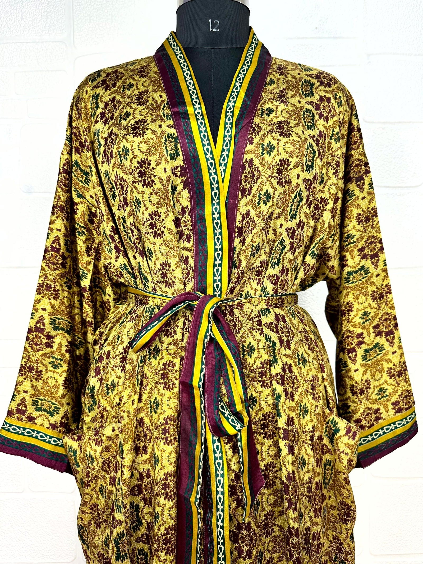 Recycle Boho House Robe Kimono Vintage Silk Sari Dressing Gown, Beach Coverup, Bridesmaid, Anniversary Gift Her | Floral Print
