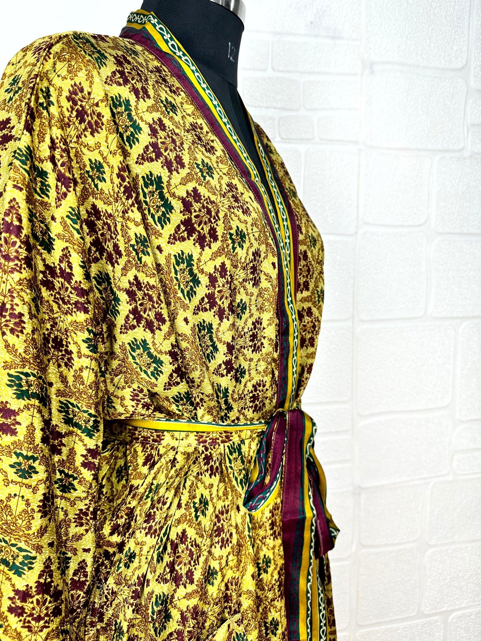 Recycle Boho House Robe Kimono Vintage Silk Sari Dressing Gown, Beach Coverup, Bridesmaid, Anniversary Gift Her | Floral Print