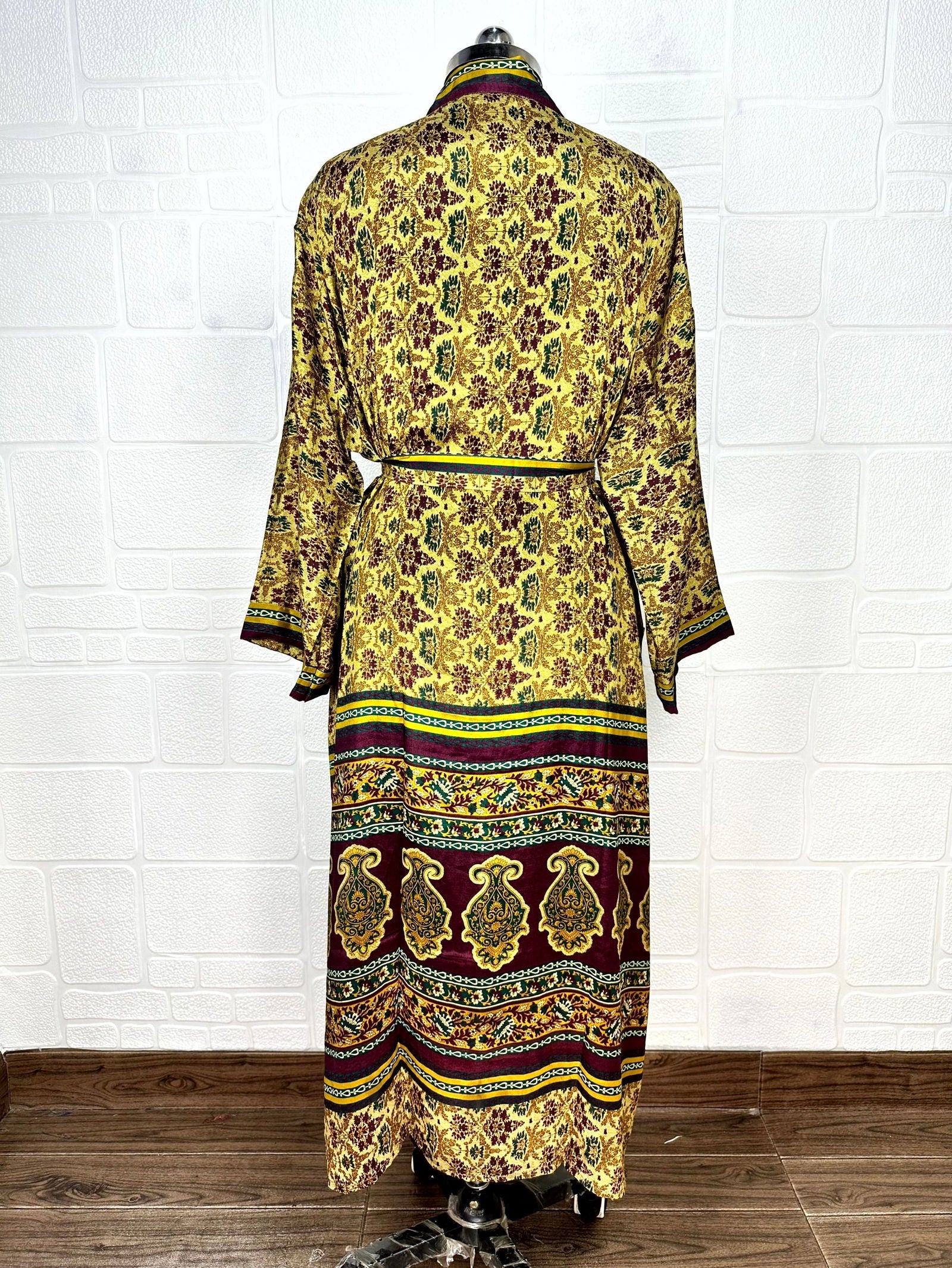 Recycle Boho House Robe Kimono Vintage Silk Sari Dressing Gown, Beach Coverup, Bridesmaid, Anniversary Gift Her | Floral Print