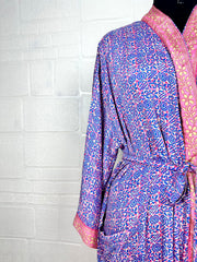 Recycle Boho House Robe Kimono Vintage Silk Sari Dressing Gown, Beach Coverup, Bridesmaid, Anniversary Gift Her | Floral Print