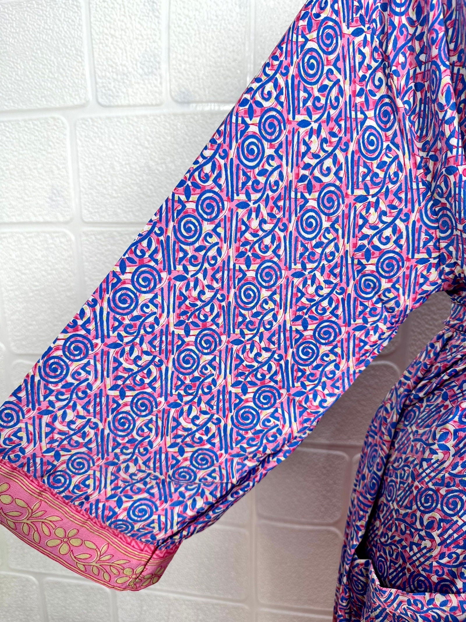 Recycle Boho House Robe Kimono Vintage Silk Sari Dressing Gown, Beach Coverup, Bridesmaid, Anniversary Gift Her | Floral Print