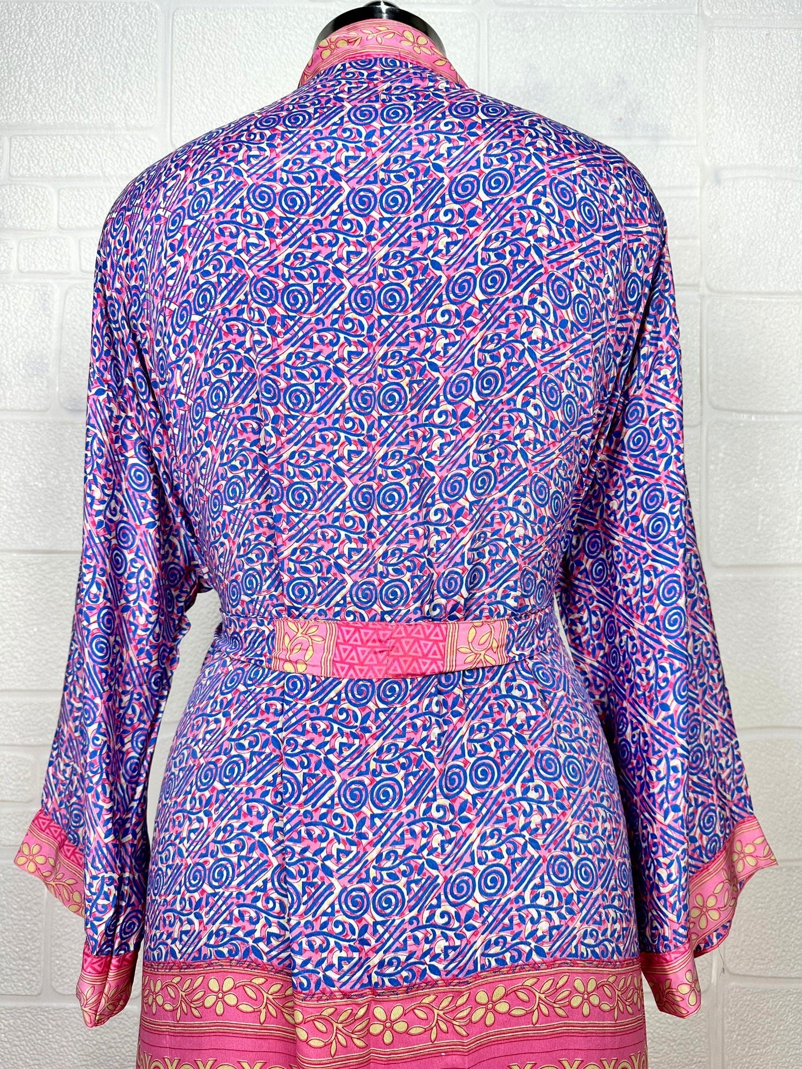 Recycle Boho House Robe Kimono Vintage Silk Sari Dressing Gown, Beach Coverup, Bridesmaid, Anniversary Gift Her | Floral Print