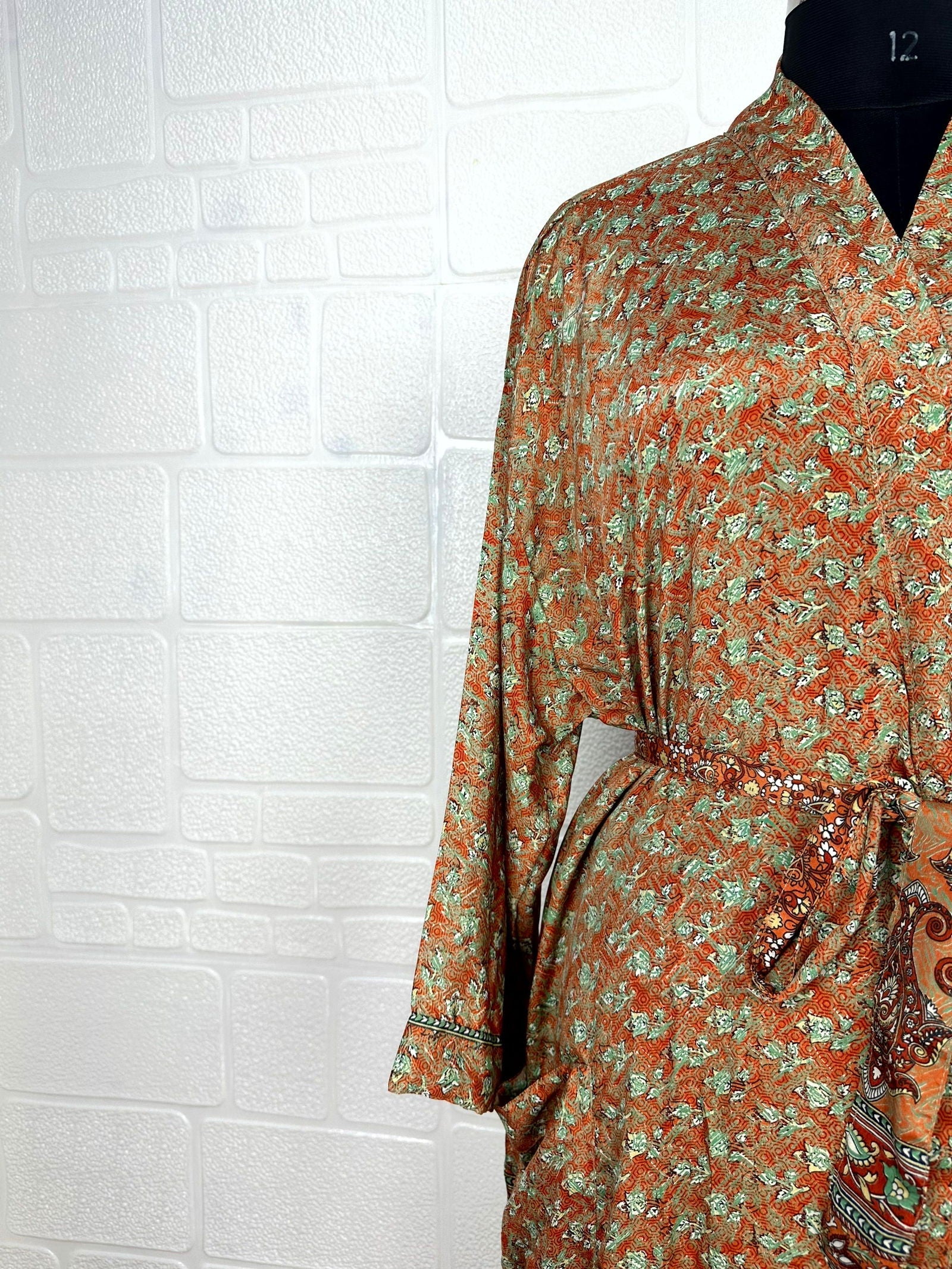 Recycle Boho House Robe Kimono Vintage Silk Sari Dressing Gown, Beach Coverup, Bridesmaid, Anniversary Gift Her | Floral Print