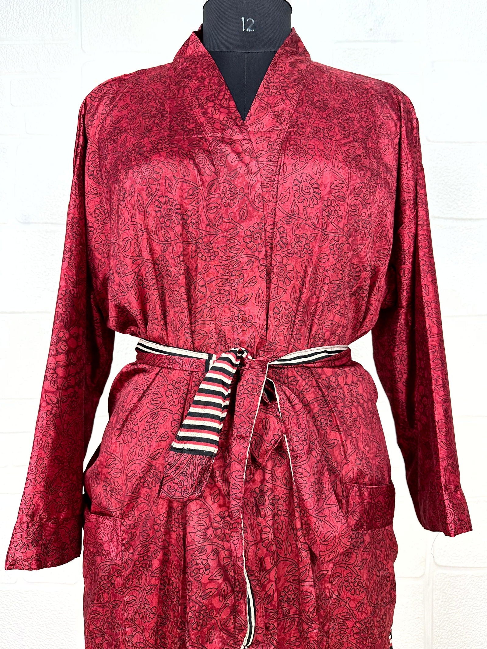 Recycle Boho House Robe Kimono Vintage Silk Sari Dressing Gown, Beach Coverup, Bridesmaid, Anniversary Gift Her | Floral Print