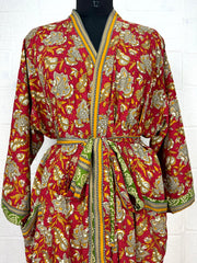 Recycle Boho House Robe Kimono Vintage Silk Sari Dressing Gown, Beach Coverup, Bridesmaid, Anniversary Gift Her | Floral Print