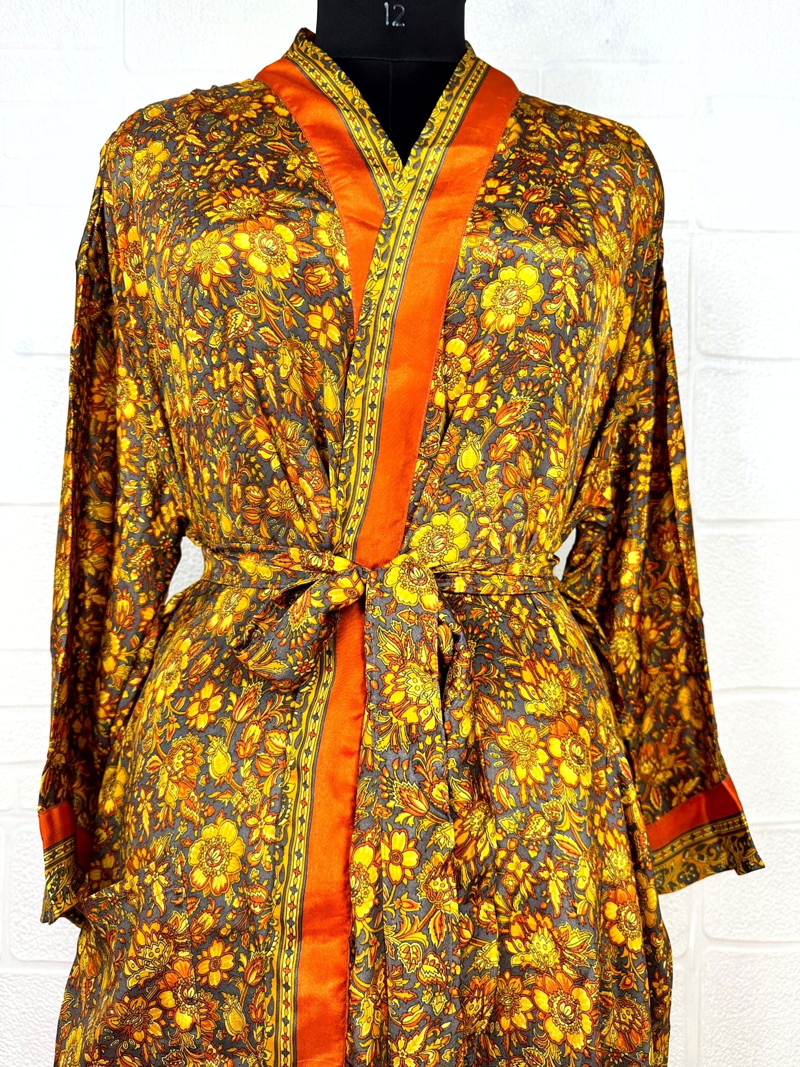 Recycle Boho House Robe Kimono Vintage Silk Sari Dressing Gown, Beach Coverup, Bridesmaid, Anniversary Gift Her | Floral Print
