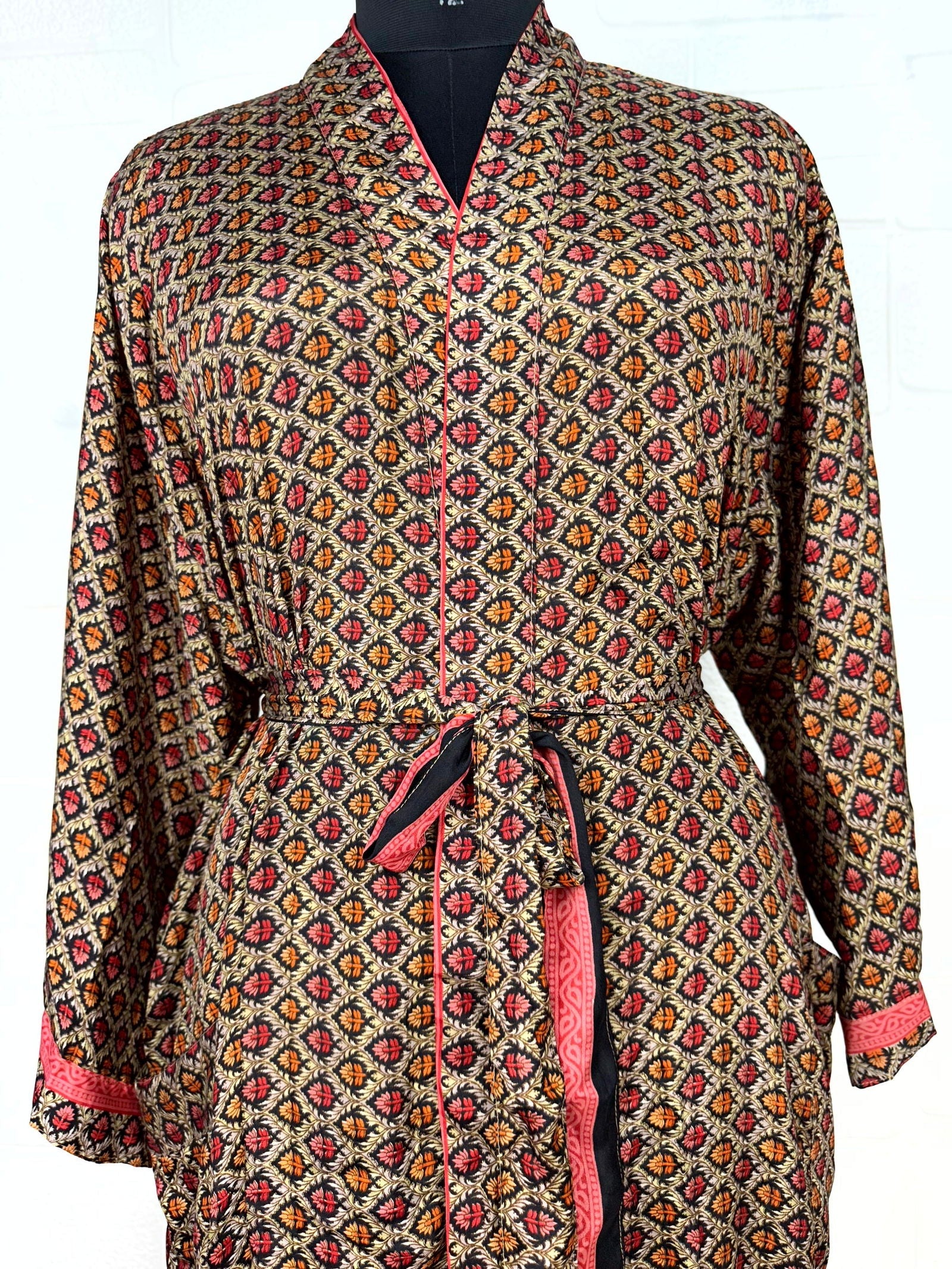 Recycle Boho House Robe Kimono Vintage Silk Sari Dressing Gown, Beach Coverup, Bridesmaid, Anniversary Gift Her | Floral Print