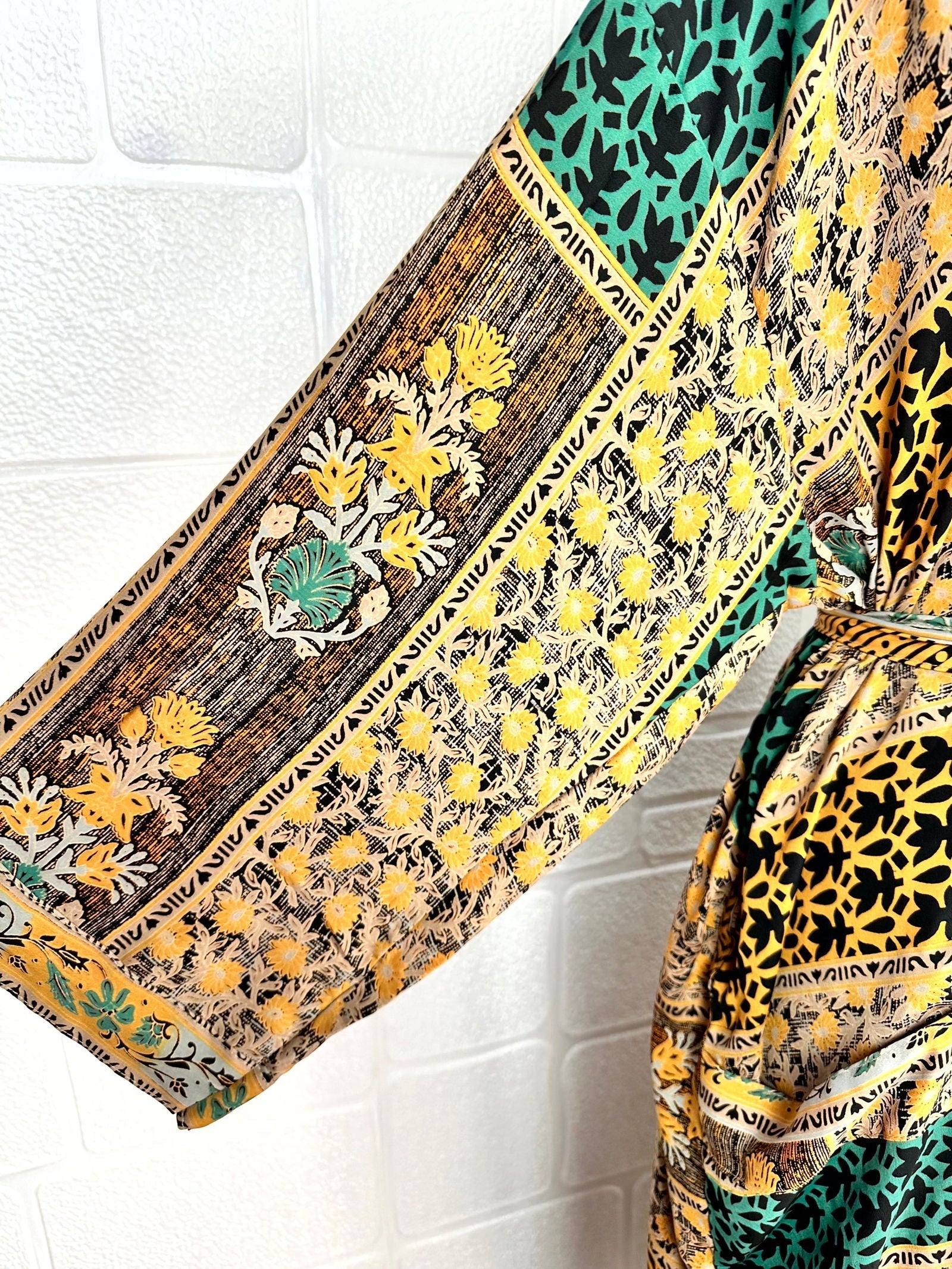 Recycle Boho House Robe Kimono Vintage Silk Sari Dressing Gown, Beach Coverup, Bridesmaid, Anniversary Gift Her | Floral Print