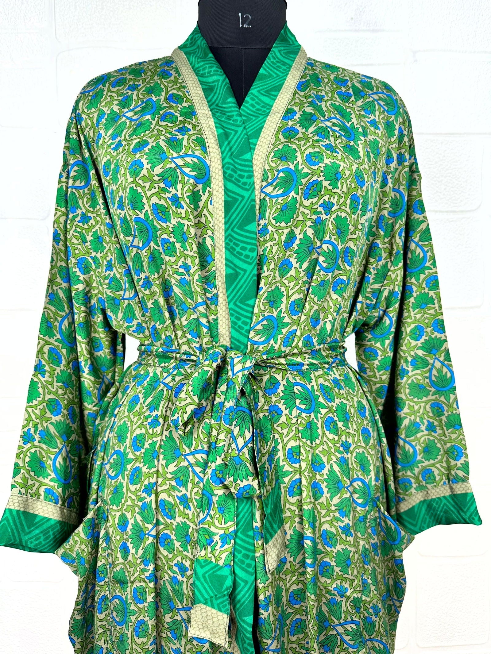 Recycle Boho House Robe Kimono Vintage Silk Sari Dressing Gown, Beach Coverup, Bridesmaid, Anniversary Gift Her | Floral Print