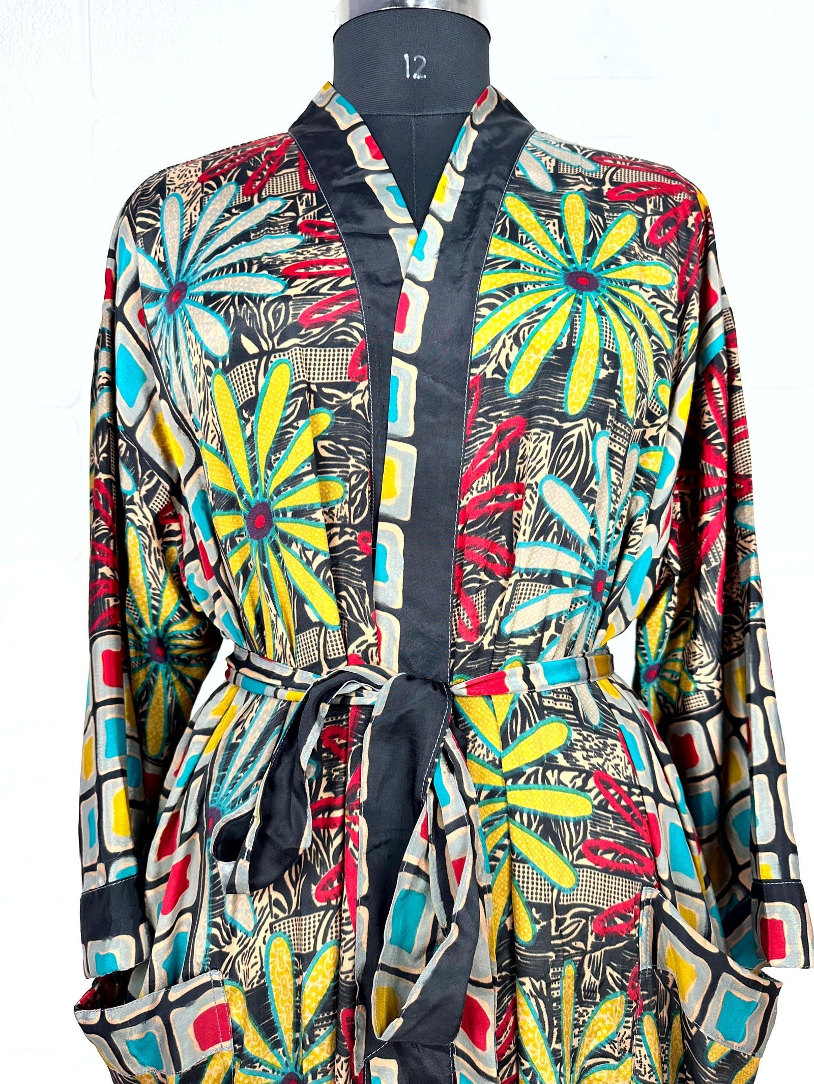 Recycle Boho House Robe Kimono Vintage Silk Sari Dressing Gown, Beach Coverup, Bridesmaid, Anniversary Gift Her | Floral Print