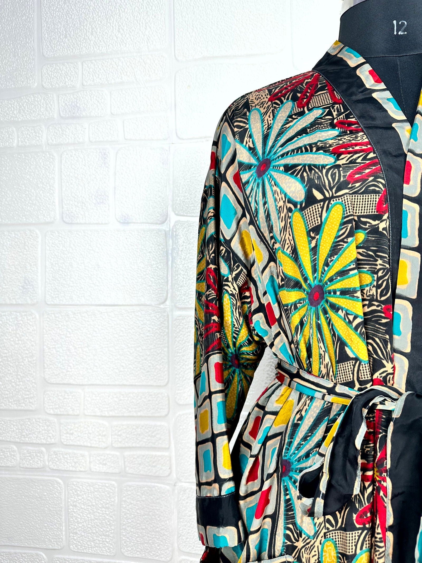 Recycle Boho House Robe Kimono Vintage Silk Sari Dressing Gown, Beach Coverup, Bridesmaid, Anniversary Gift Her | Floral Print