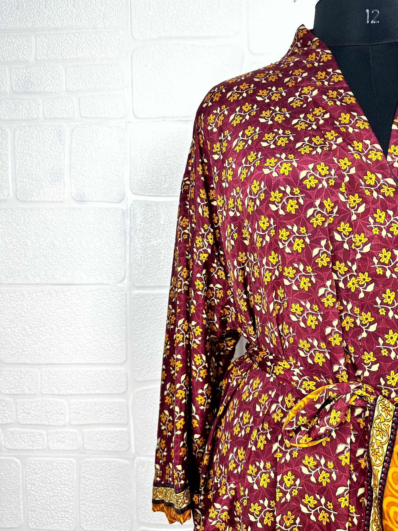 Recycle Boho House Robe Kimono Vintage Silk Sari Dressing Gown, Beach Coverup, Bridesmaid, Anniversary Gift Her | Floral Print