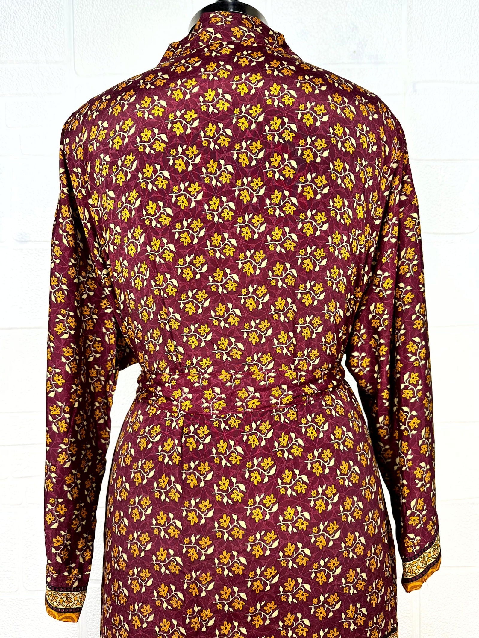 Recycle Boho House Robe Kimono Vintage Silk Sari Dressing Gown, Beach Coverup, Bridesmaid, Anniversary Gift Her | Floral Print