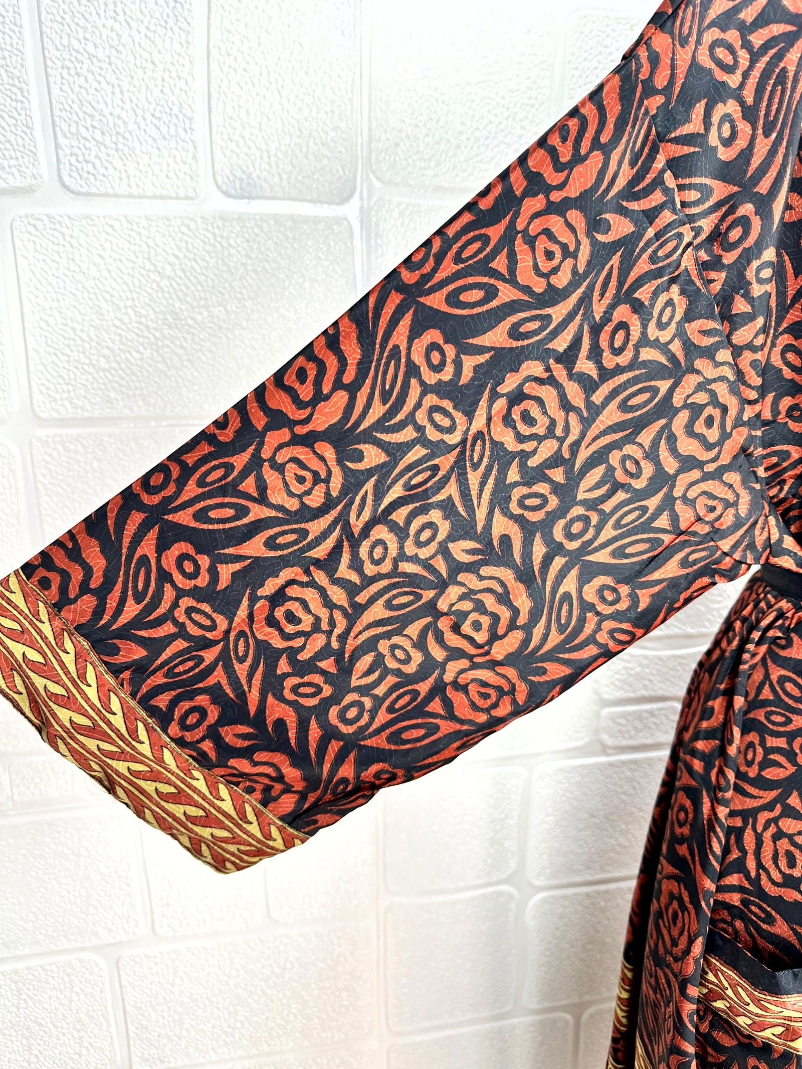 Recycle Boho House Robe Kimono Vintage Silk Sari Dressing Gown, Beach Coverup, Bridesmaid, Anniversary Gift Her | Floral Print