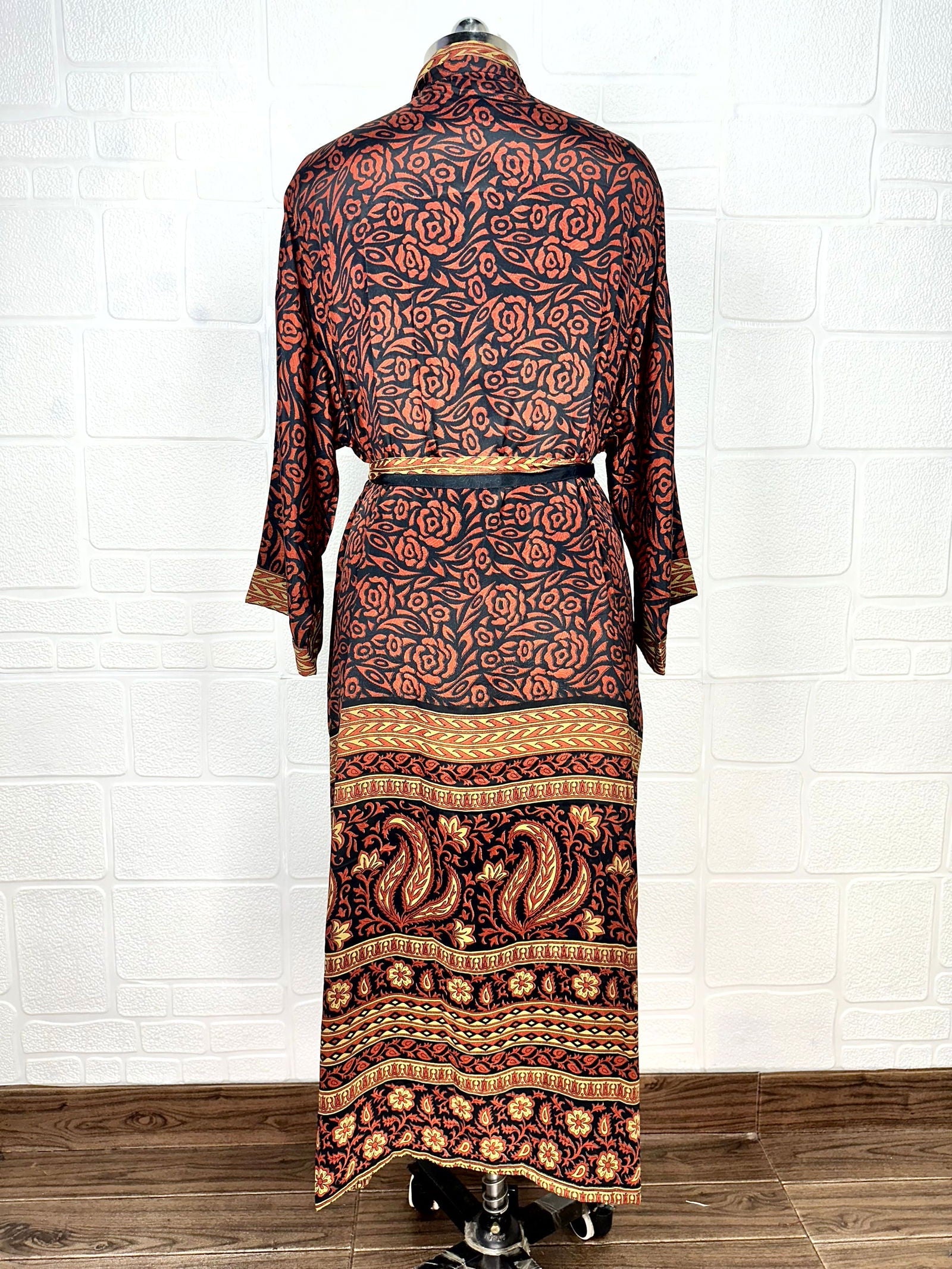 Recycle Boho House Robe Kimono Vintage Silk Sari Dressing Gown, Beach Coverup, Bridesmaid, Anniversary Gift Her | Floral Print