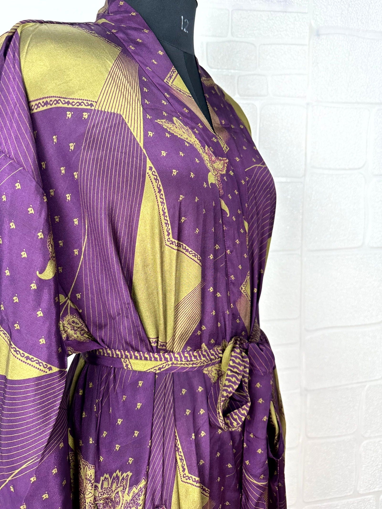 Recycle Boho House Robe Kimono Vintage Silk Sari Dressing Gown, Beach Coverup, Bridesmaid, Anniversary Gift Her | Floral Print