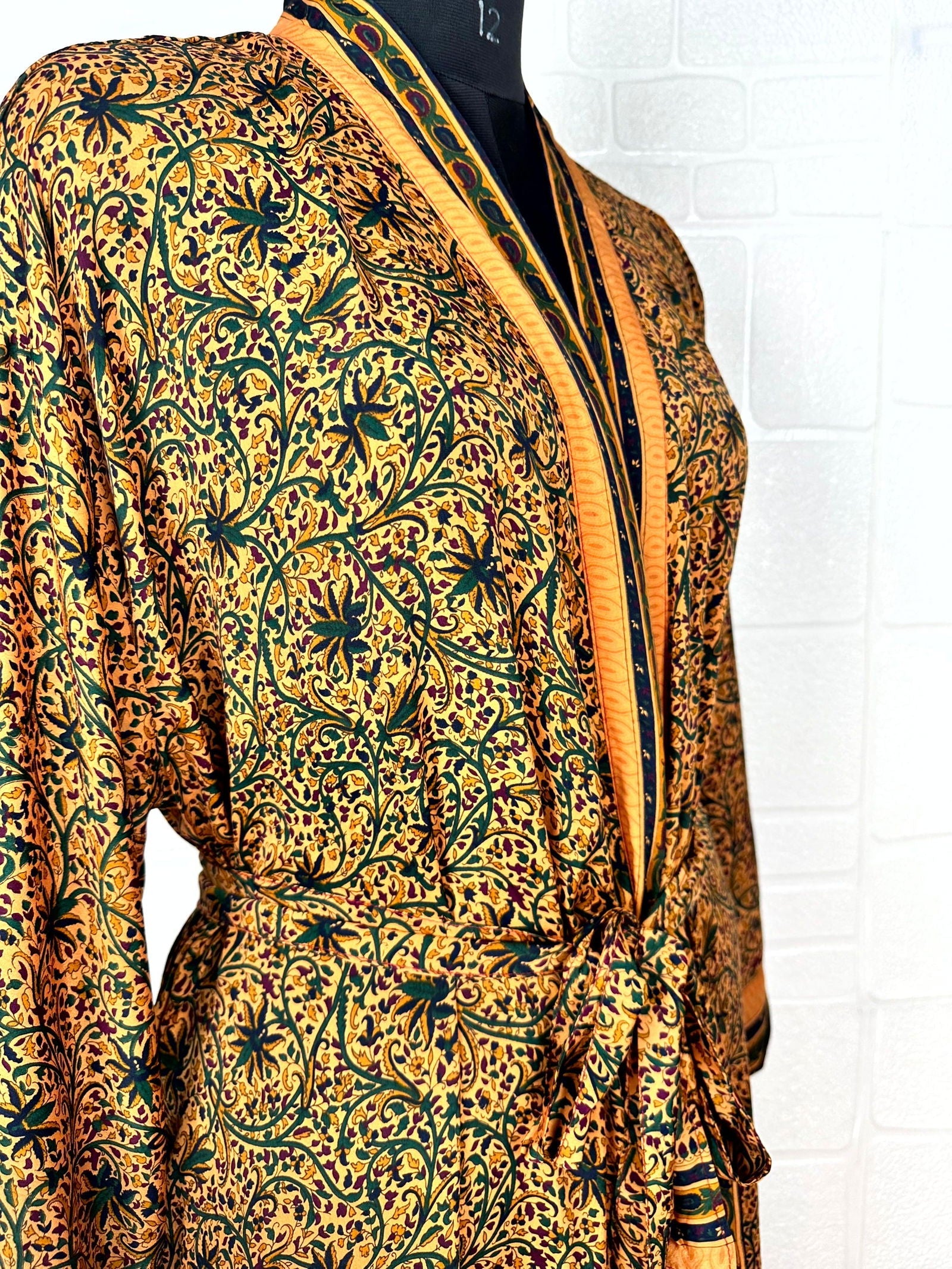 Recycle Boho House Robe Kimono Vintage Silk Sari Dressing Gown, Beach Coverup, Bridesmaid, Anniversary Gift Her | Floral Print