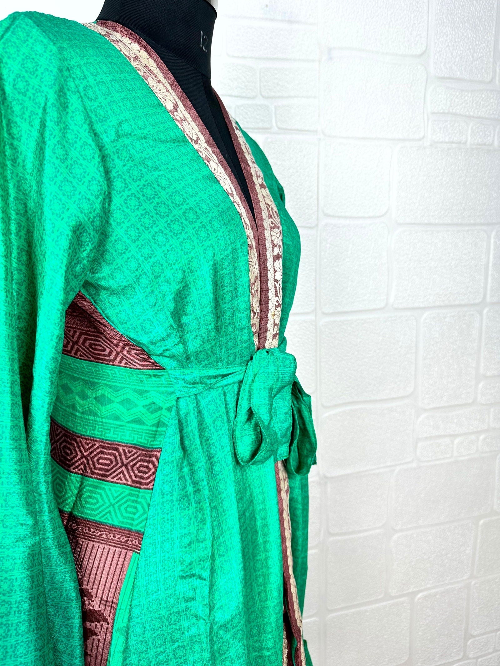 Recycle Boho House Robe Kimono Vintage Silk Sari Dressing Gown, Beach Coverup, Bridesmaid, Anniversary Gift Her | Floral Print
