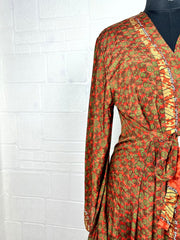 Recycle Boho House Robe Kimono Vintage Silk Sari Dressing Gown, Beach Coverup, Bridesmaid, Anniversary Gift Her | Floral Print