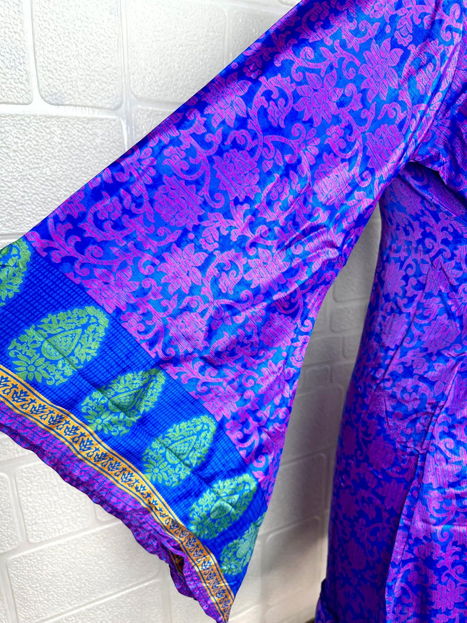Recycle Boho House Robe Kimono Vintage Silk Sari Dressing Gown, Beach Coverup, Bridesmaid, Anniversary Gift Her | Floral Print