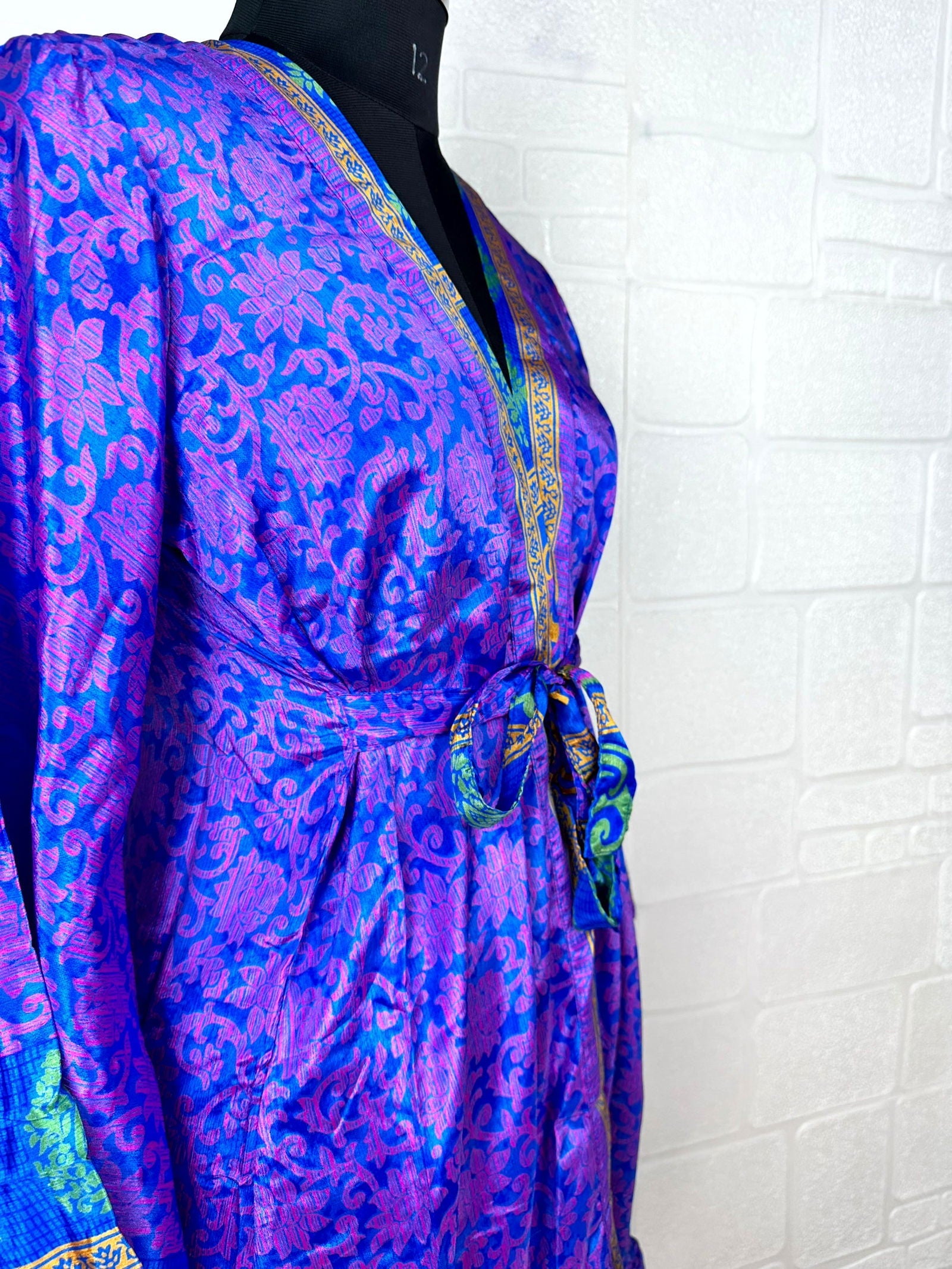Recycle Boho House Robe Kimono Vintage Silk Sari Dressing Gown, Beach Coverup, Bridesmaid, Anniversary Gift Her | Floral Print